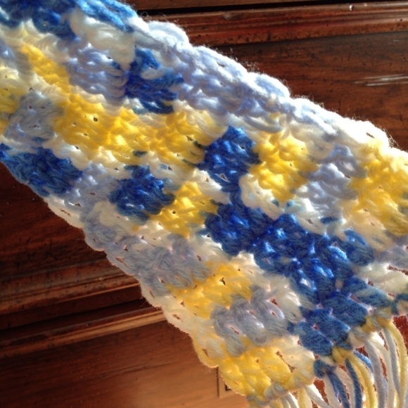Handmade blue, yellow, and white knitted scarf - Picture 3 of 4